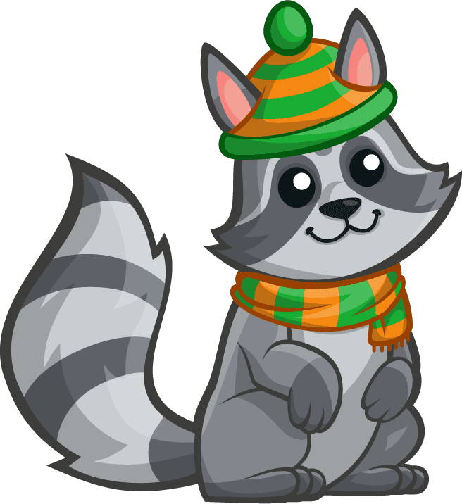 cat mountain wild animals cartoon character with a playful raccoon in winter attire