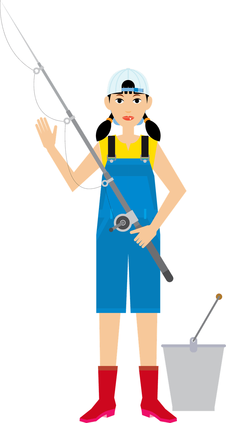 character icon people icons vector of a girl fishing with rod and bucket for outdoor activities