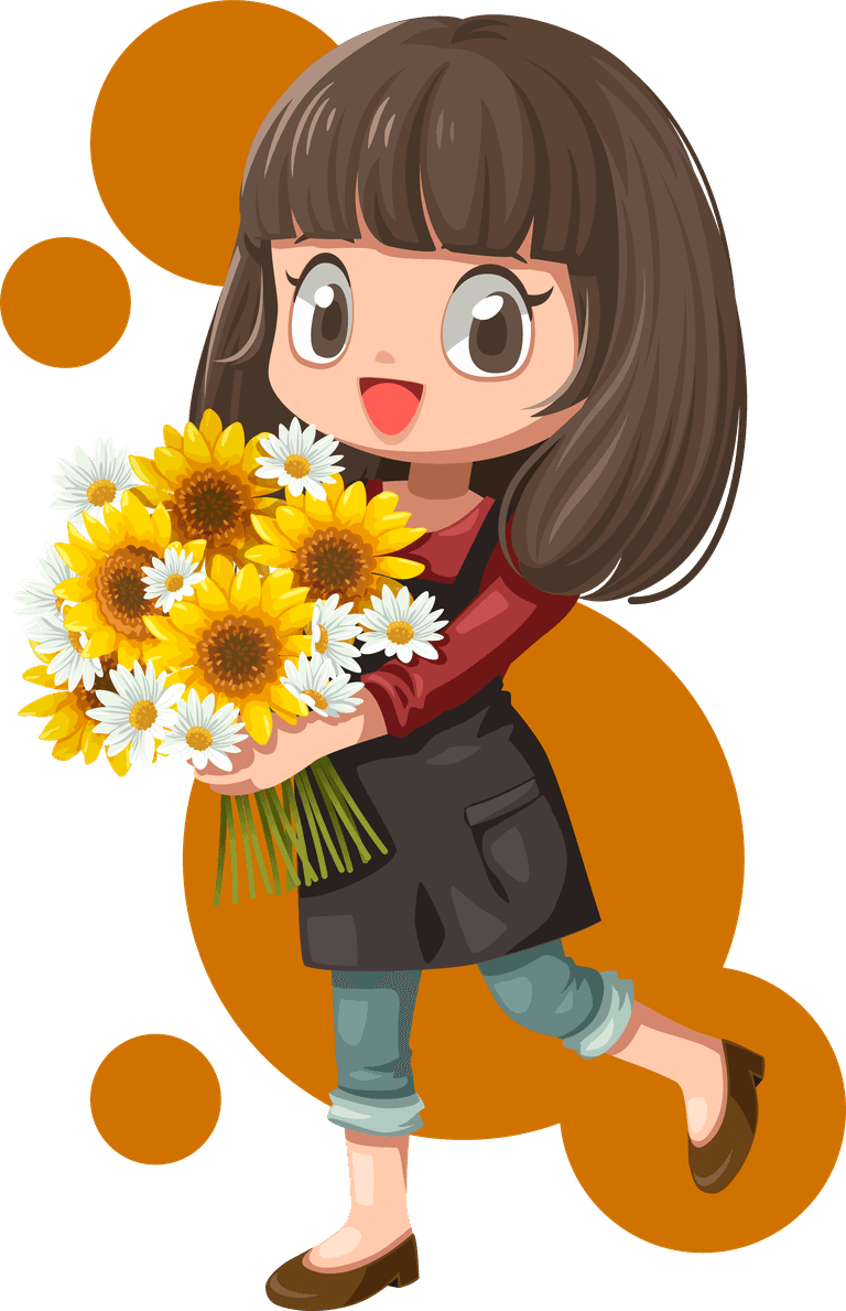 cheerful young woman florist apron holding bouquet flowers