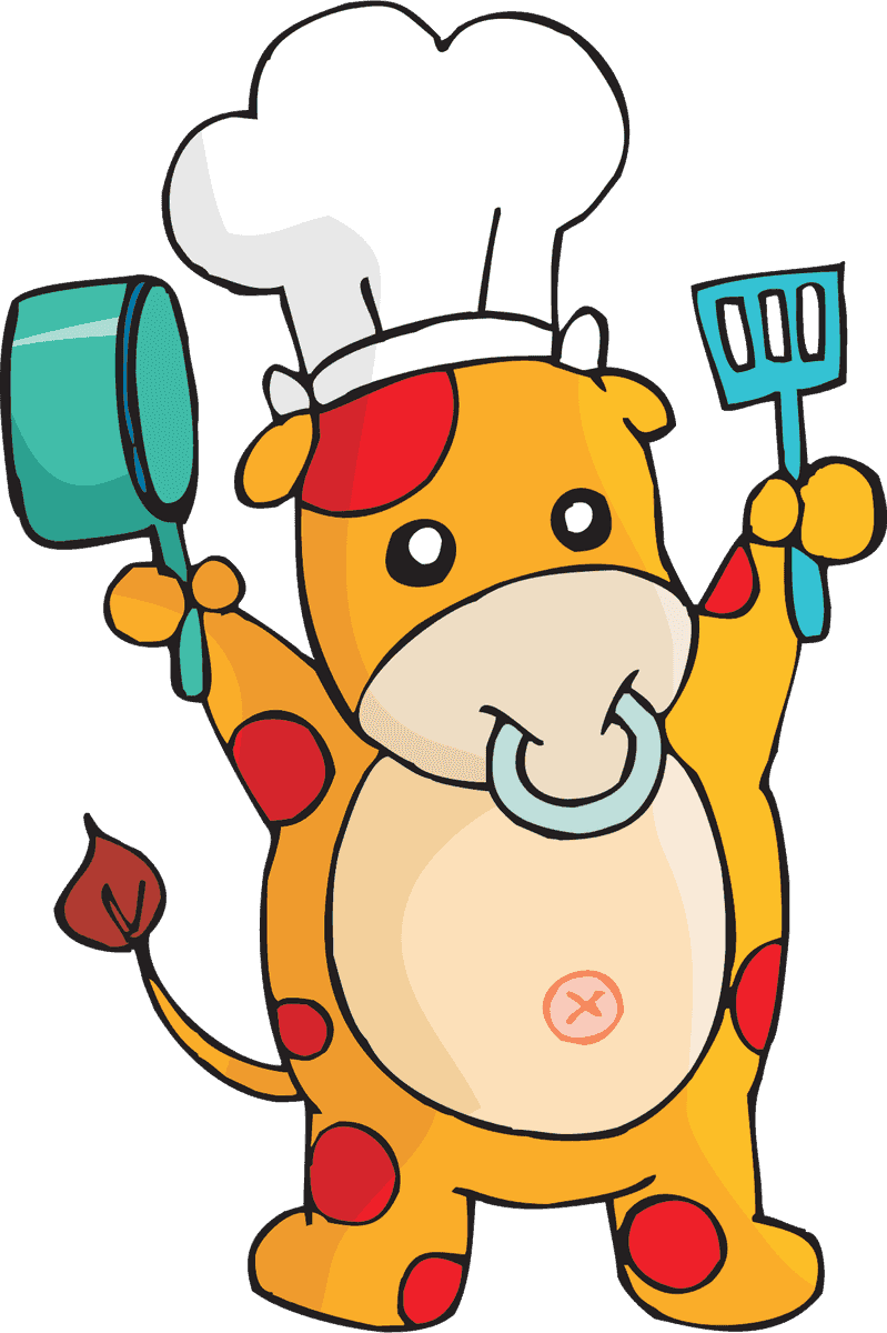 cheerful chef cow cartoon animals with utensils perfect for kids' cooking themes