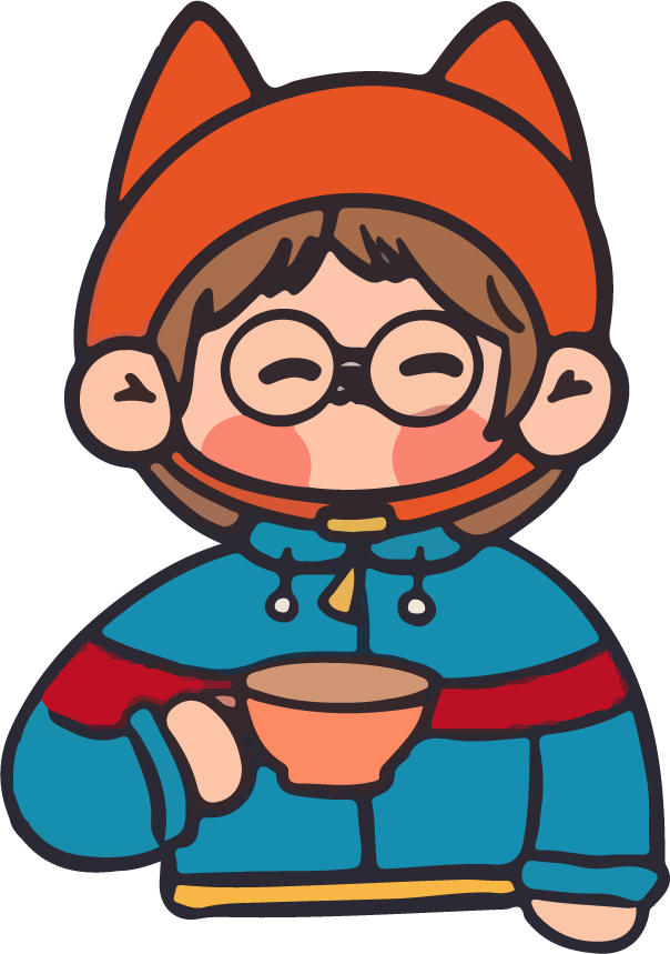 chibi cute colorful character with a drink for winter fun and cozy vibes