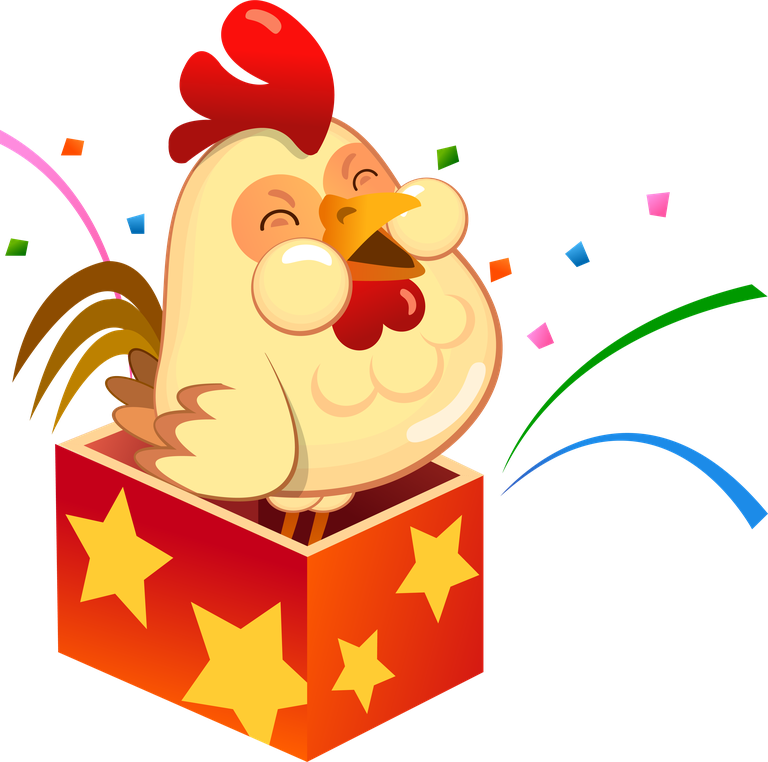 cute naive cock chicken illustration popping out of a colorful surprise box