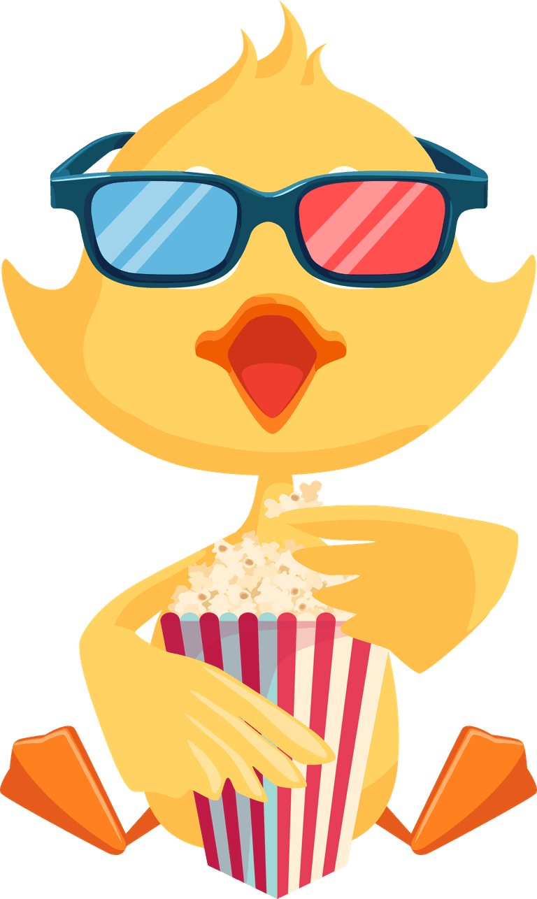 chicks cartoon duckling set enjoying movies with popcorn and 3D glasses