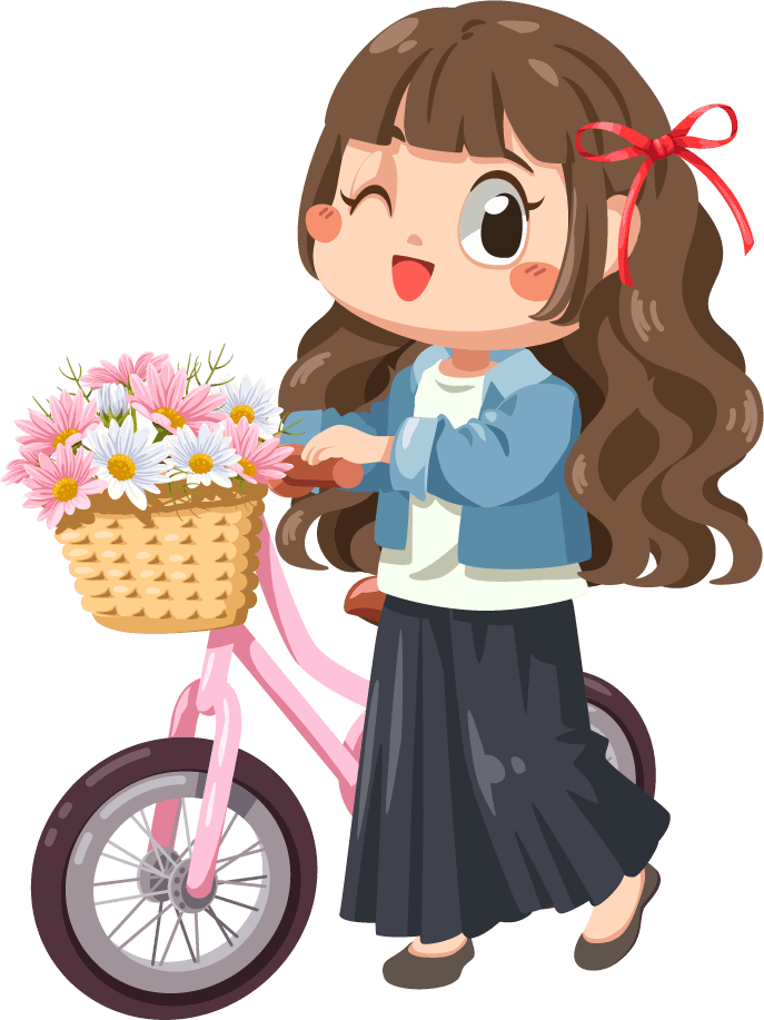 childrem set girls also bicycle flowers smiling happy girls spring concept