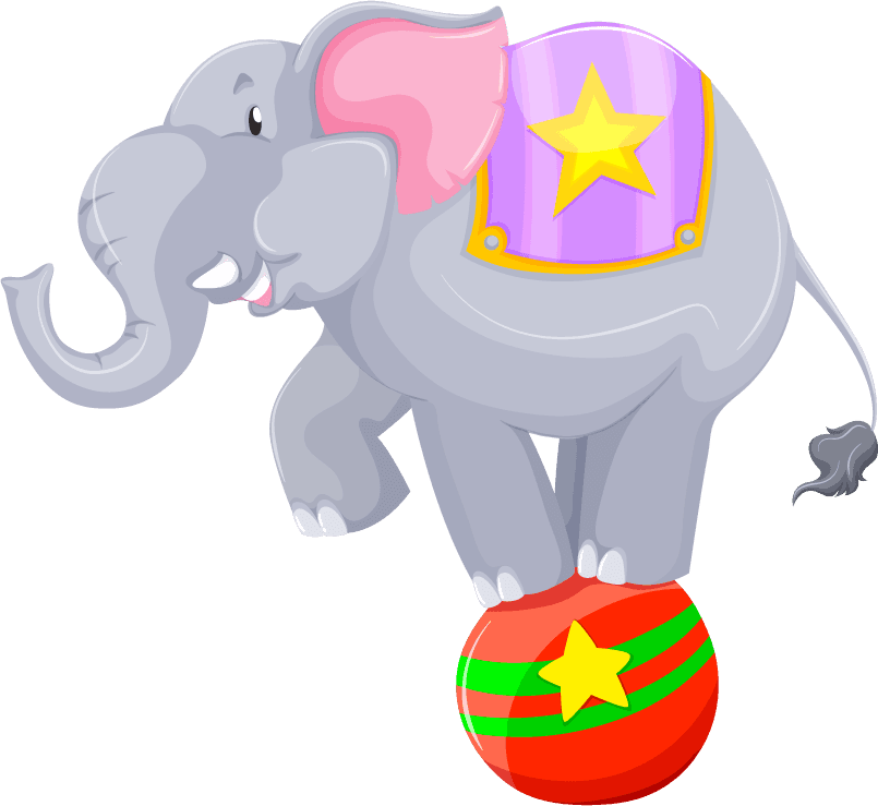 cheerful children and funfair illustration featuring an elephant balancing on a colorful ball