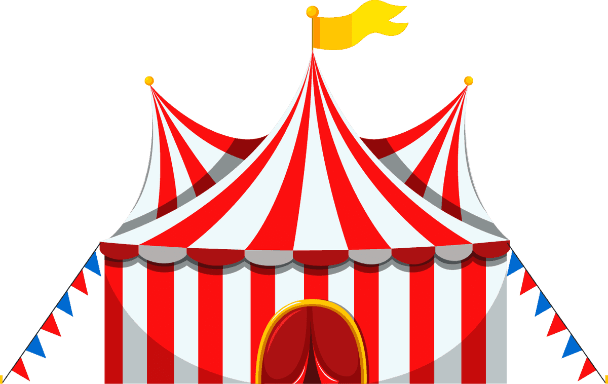 children and funfair illustration featuring a vibrant circus tent with flags and banners