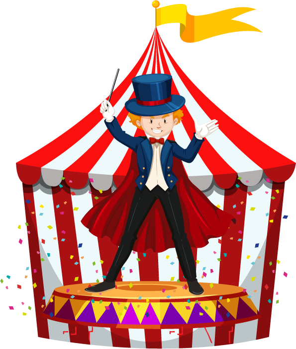 children and funfair illustration featuring a performer in a colorful circus setting