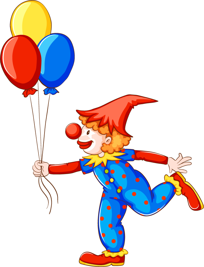 children and funfair illustration featuring a cheerful clown with colorful balloons