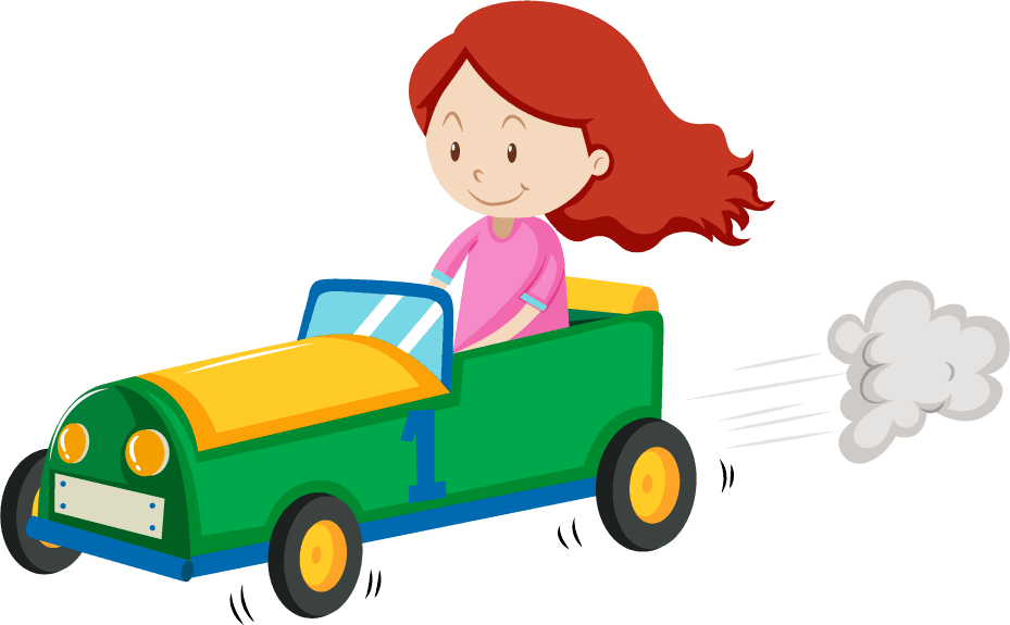 children and funfair illustration featuring a girl in a colorful race car enjoying the ride