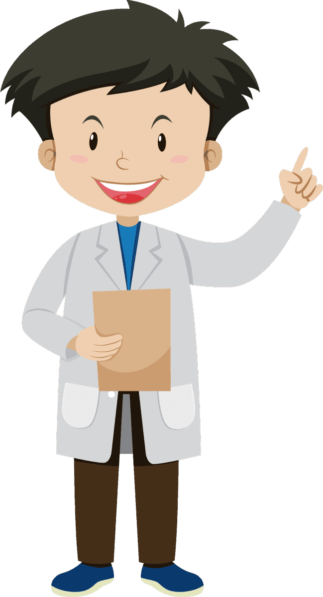 children and funfair illustration featuring a happy boy in a lab coat with a clipboard