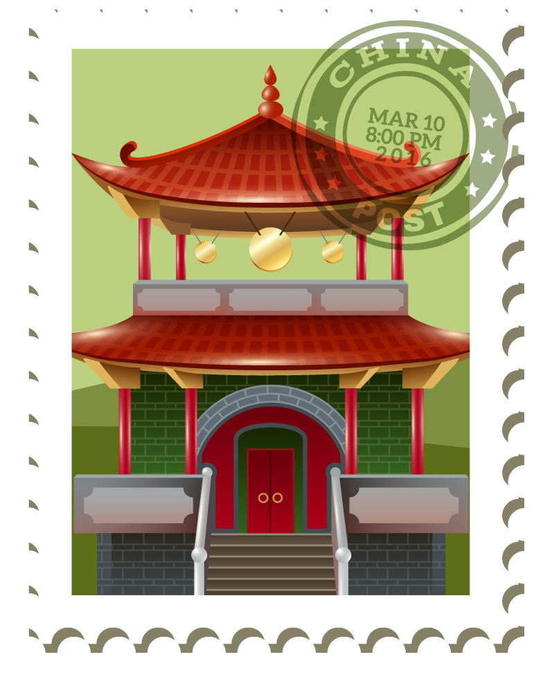 china travel stamps poster showcasing traditional pagoda architecture with vibrant colors and cultural significance