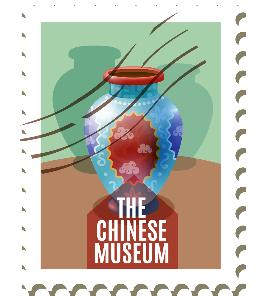 china travel stamps poster featuring vibrant ceramics from the chinese museum