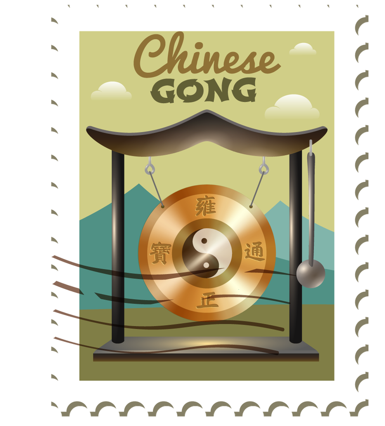 china travel stamps poster featuring a detailed illustration of a traditional chinese gong