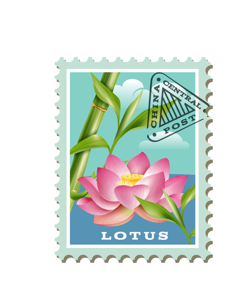 china travel stamps poster showcasing beautiful lotus flower and bamboo art