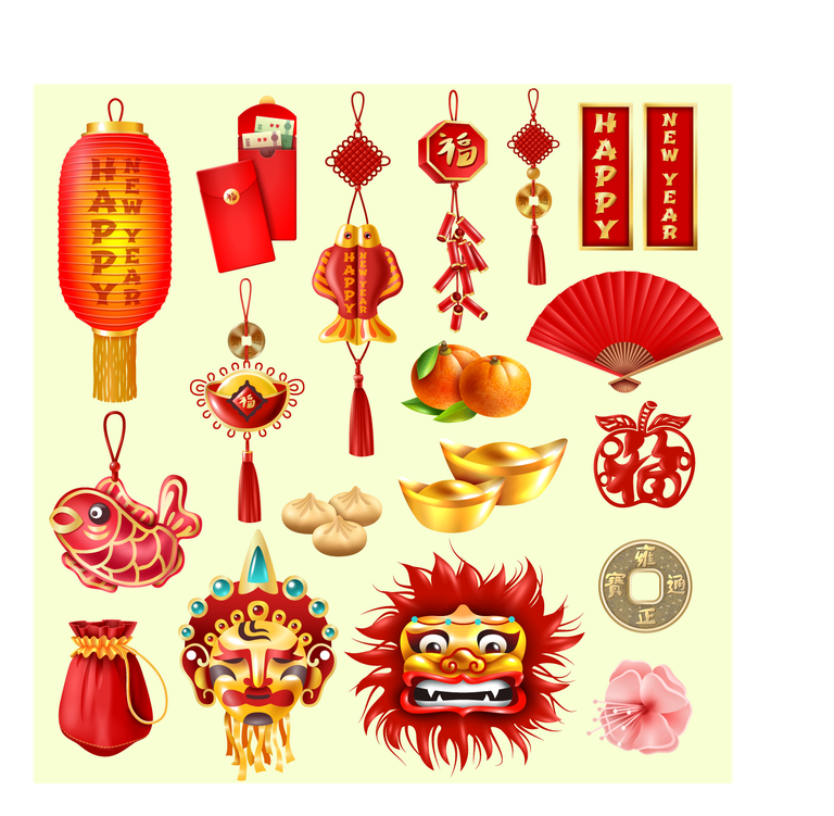 chinese new year set icons featuring traditional symbols, decorations, and festive elements for celebration