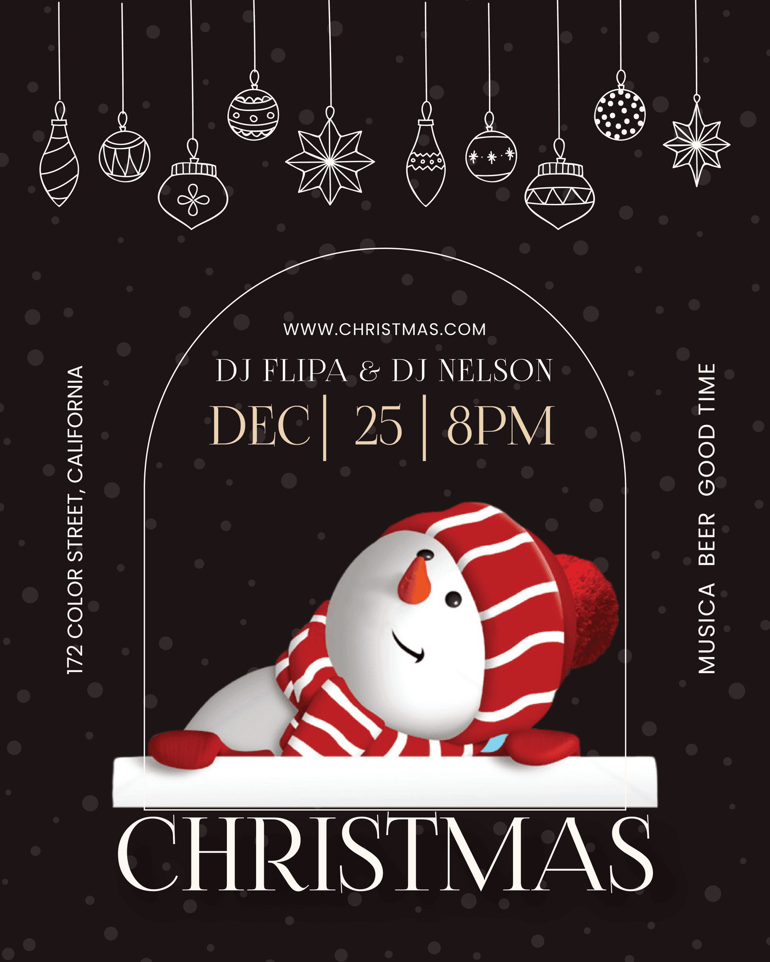 Christmas party poster with snowman on black background 