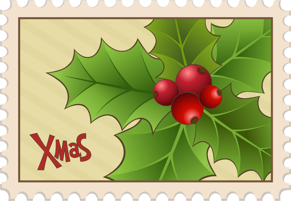 christmas postage stamps template vector with holly leaves and festive colors for seasonal mail