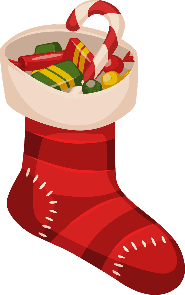 christmas vintage objects vector featuring a festive stocking filled with colorful treats and candies