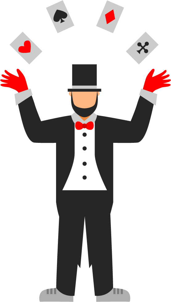circus artist characters collection featuring a magician juggling playing cards for festive events