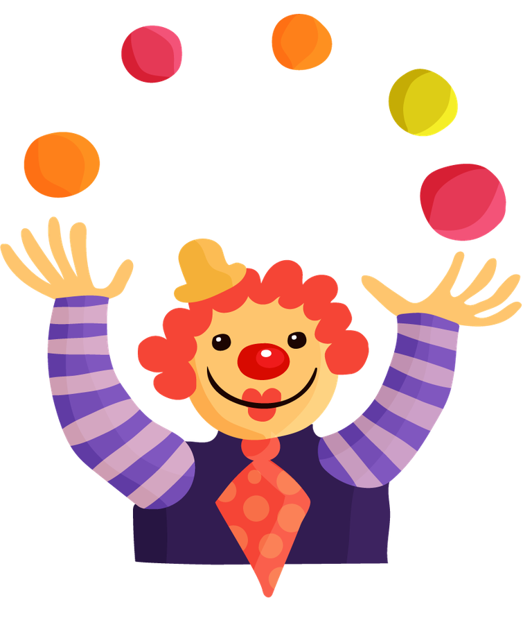 circus performance decorative elements featuring a cheerful clown juggling vibrant balls