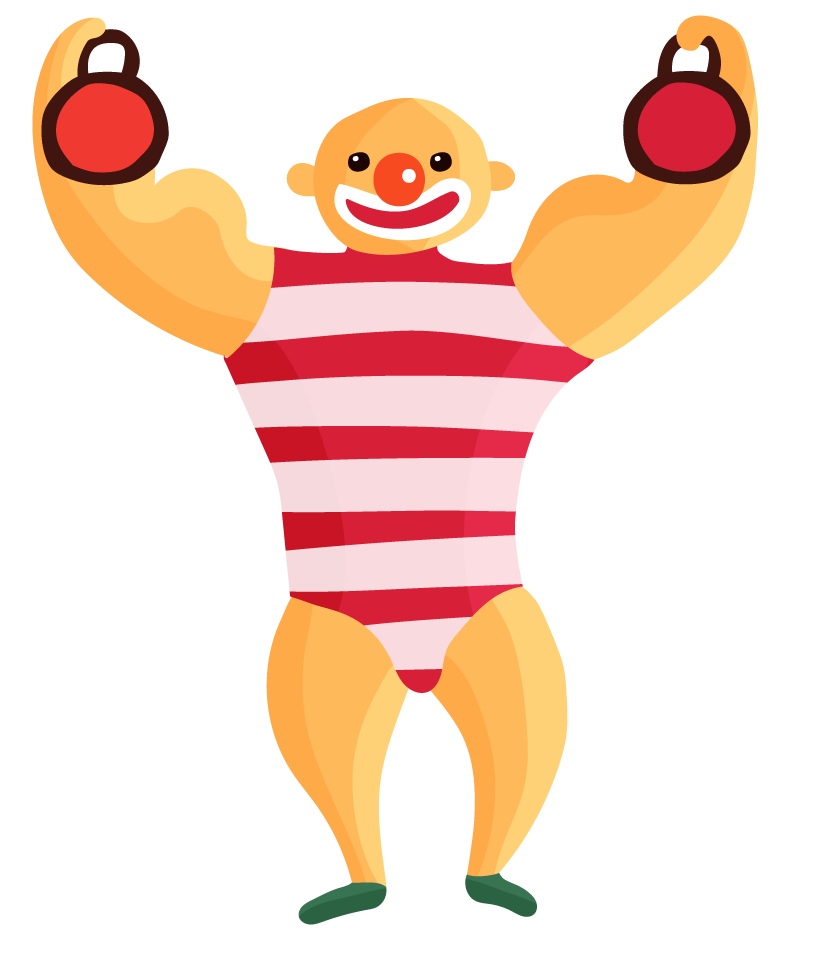 circus performance decorative elements featuring a muscular clown lifting weights with vibrant colors