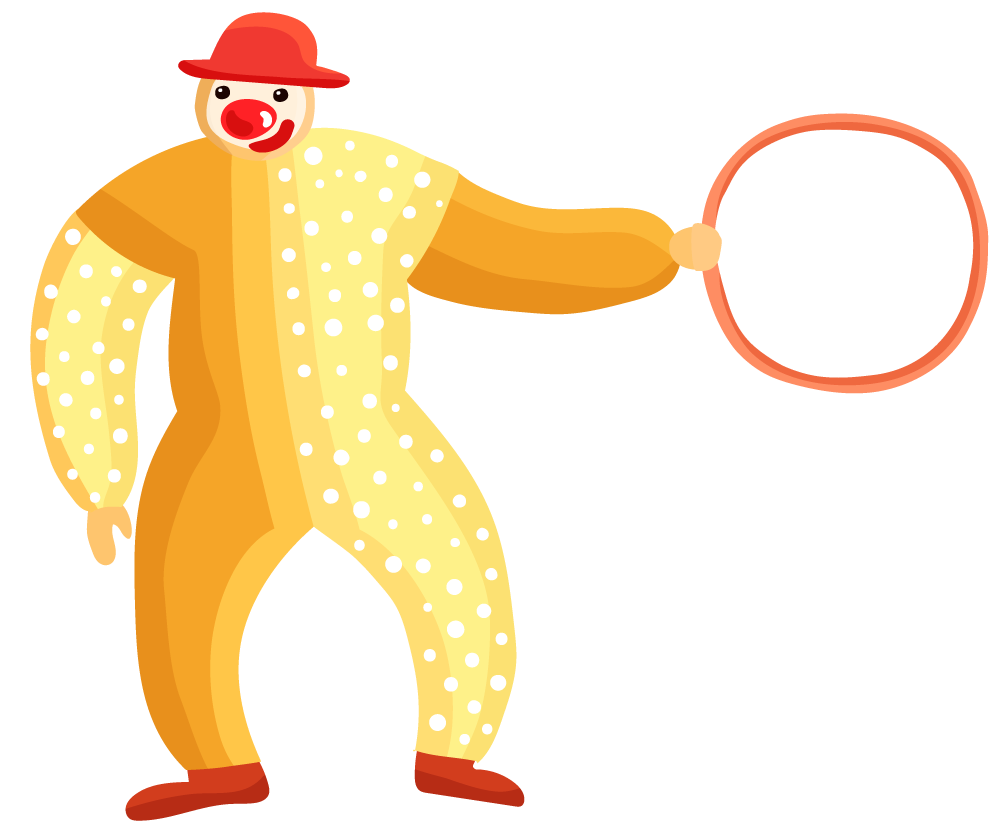 circus performance decorative elements featuring a playful clown in vibrant attire holding a hoop