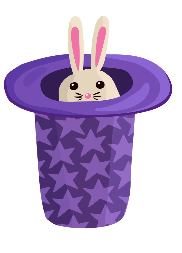 circus performance decorative elements featuring a playful rabbit in a magical purple hat