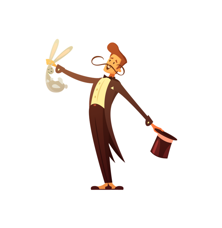 circus retro icons cartoon featuring a magician with a rabbit and top hat