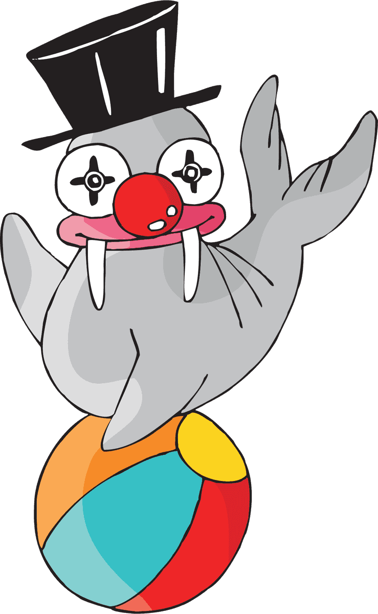 circus walrus cartoon animals performing tricks on a colorful beach ball
