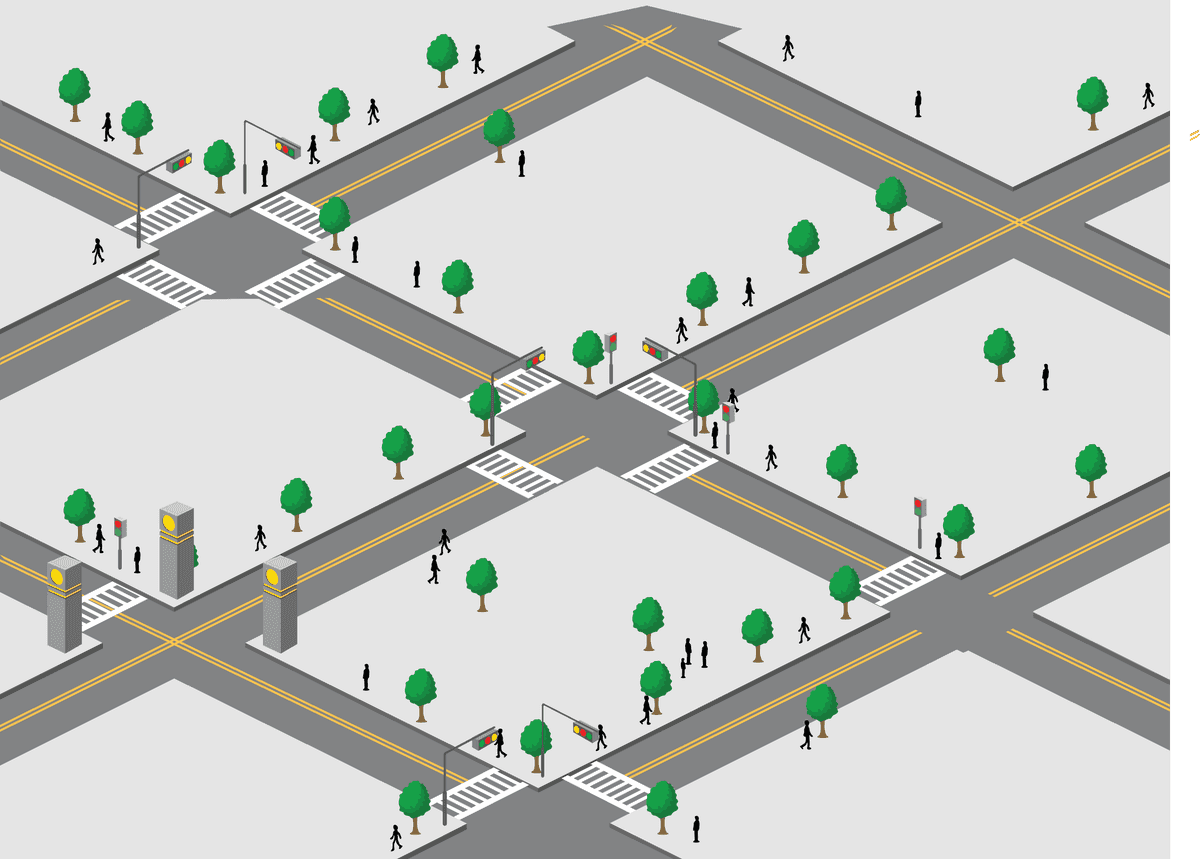 city building vectors icon showcasing urban planning with streets, trees, and pedestrians