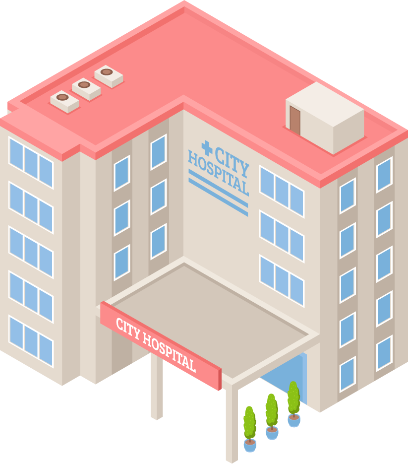 isometric modern city buildings featuring a hospital with vibrant colors and realistic details