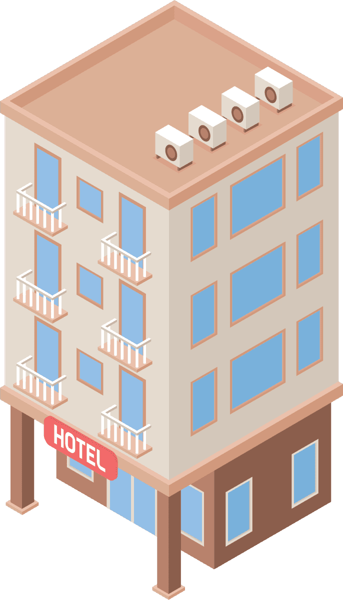 isometric modern city buildings with hotel features in a contemporary architectural style