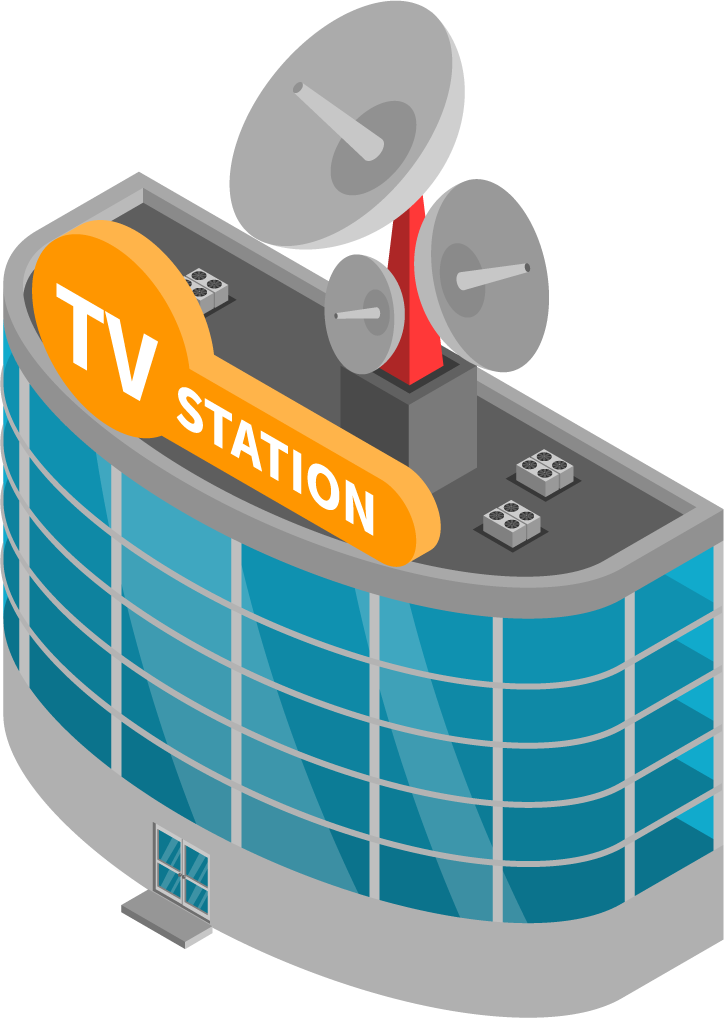 city buildings isometric icons featuring a modern tv station with satellite dishes