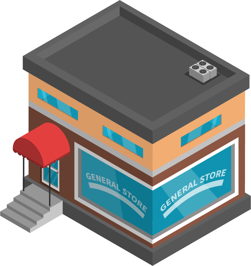 city buildings isometric icons featuring a general store with detailed shopfront design