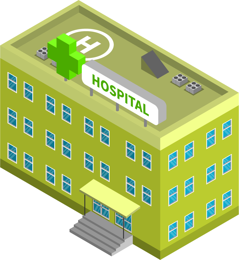 city buildings isometric icons showcasing a modern hospital with detailed features and vibrant colors