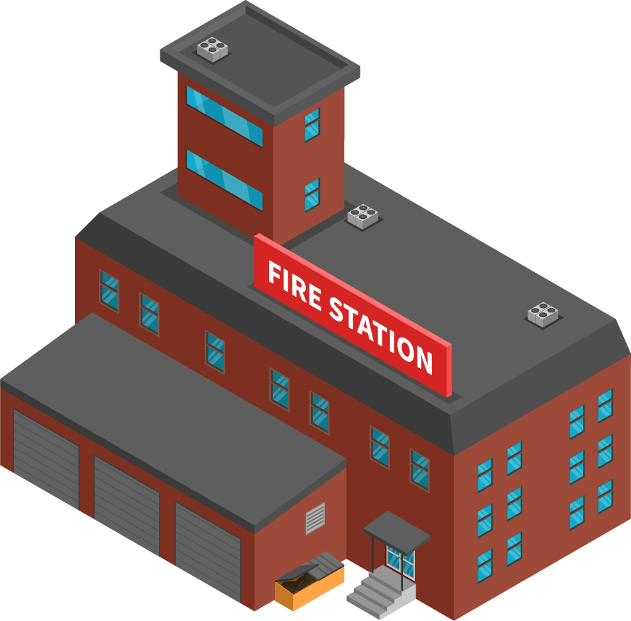 city buildings isometric icons featuring a detailed fire station for urban layouts