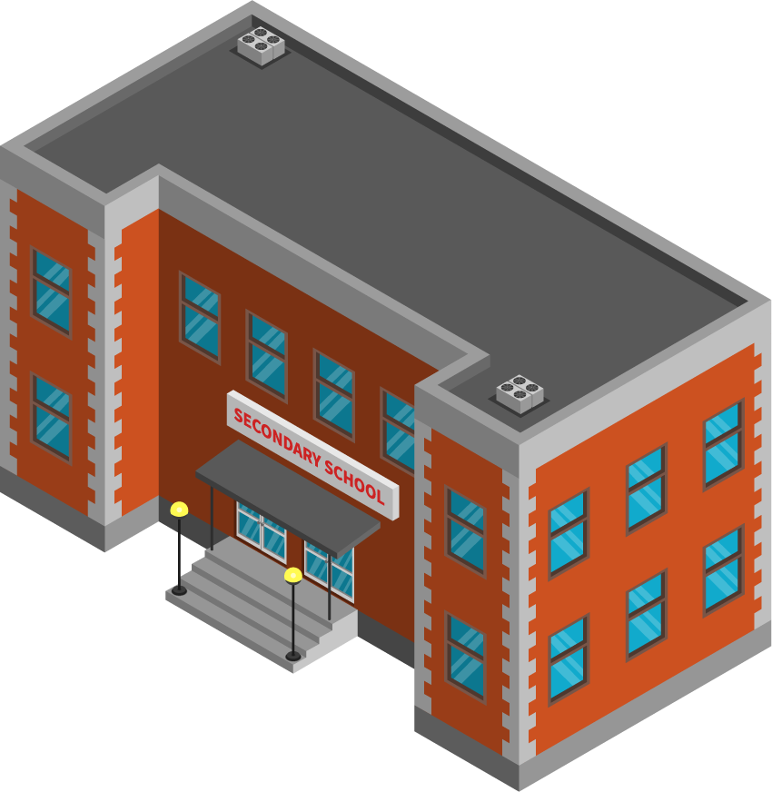 city buildings isometric icons featuring a modern secondary school architecture