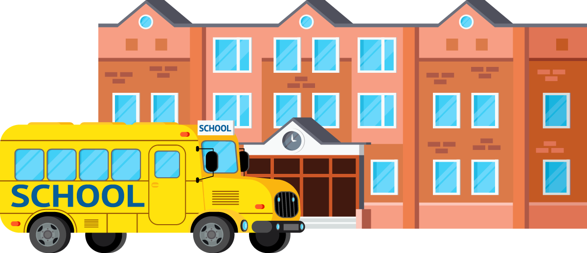 city services buildings orthogonal style showcasing school bus and educational structure
