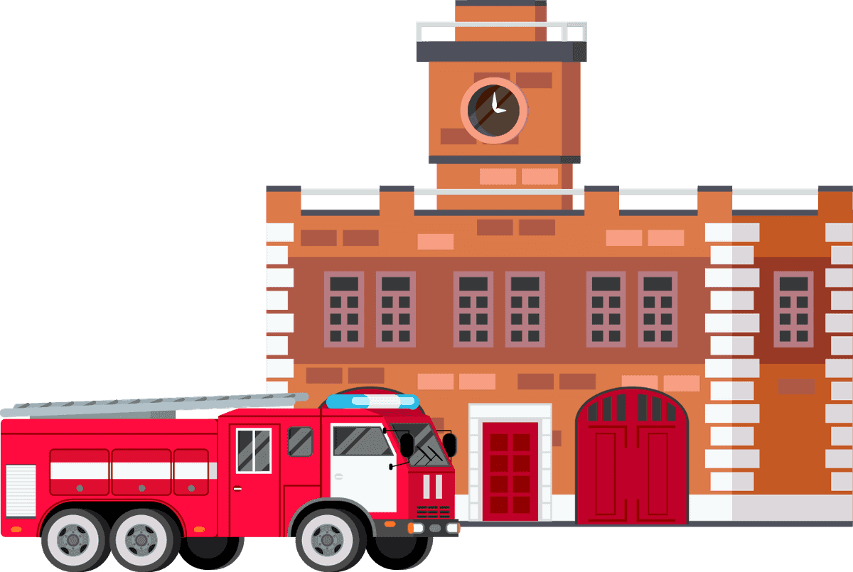 city services buildings orthogonal portrayal of a fire station with emergency vehicle