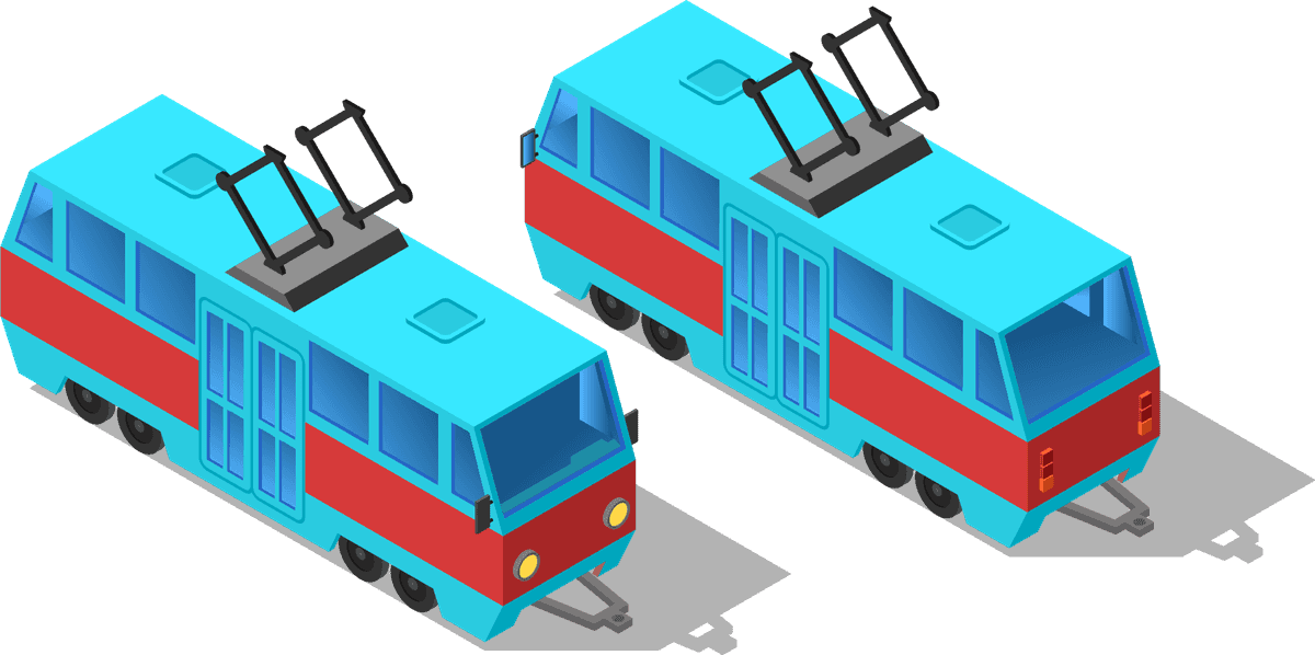 city transport isometric icons featuring colorful trams for urban navigation and connectivity