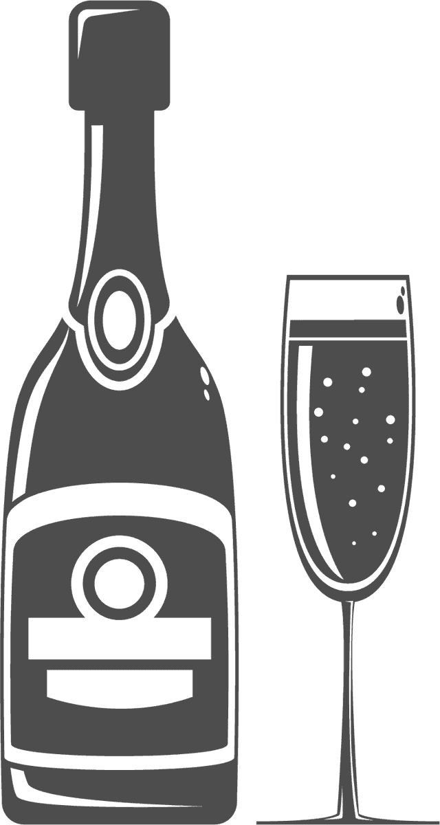 black wine and cocktail icon featuring a bottle and flute for celebrations and events