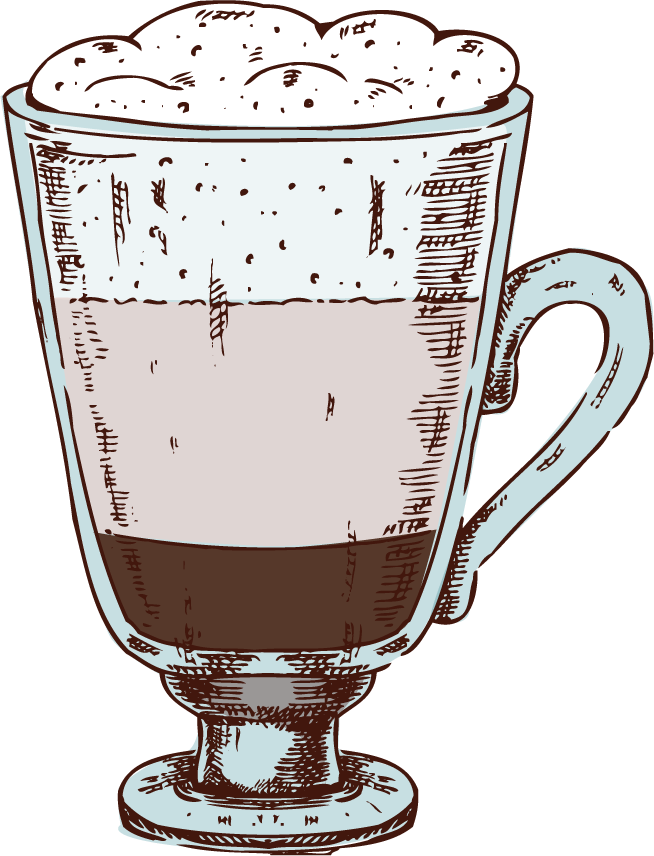 coffee hand drawn colored set of beverages and mugs showcasing unique flavors and styles