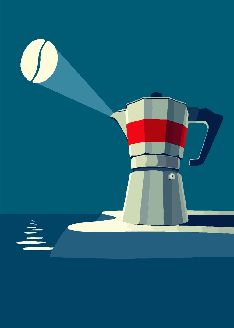 coffee lighthouse poster cover with a retro moka pot illuminating the sea at night