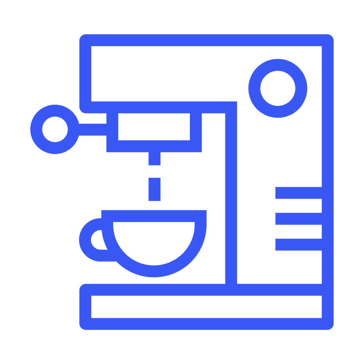 simple flat blue outline coffee machine icon with pouring cup