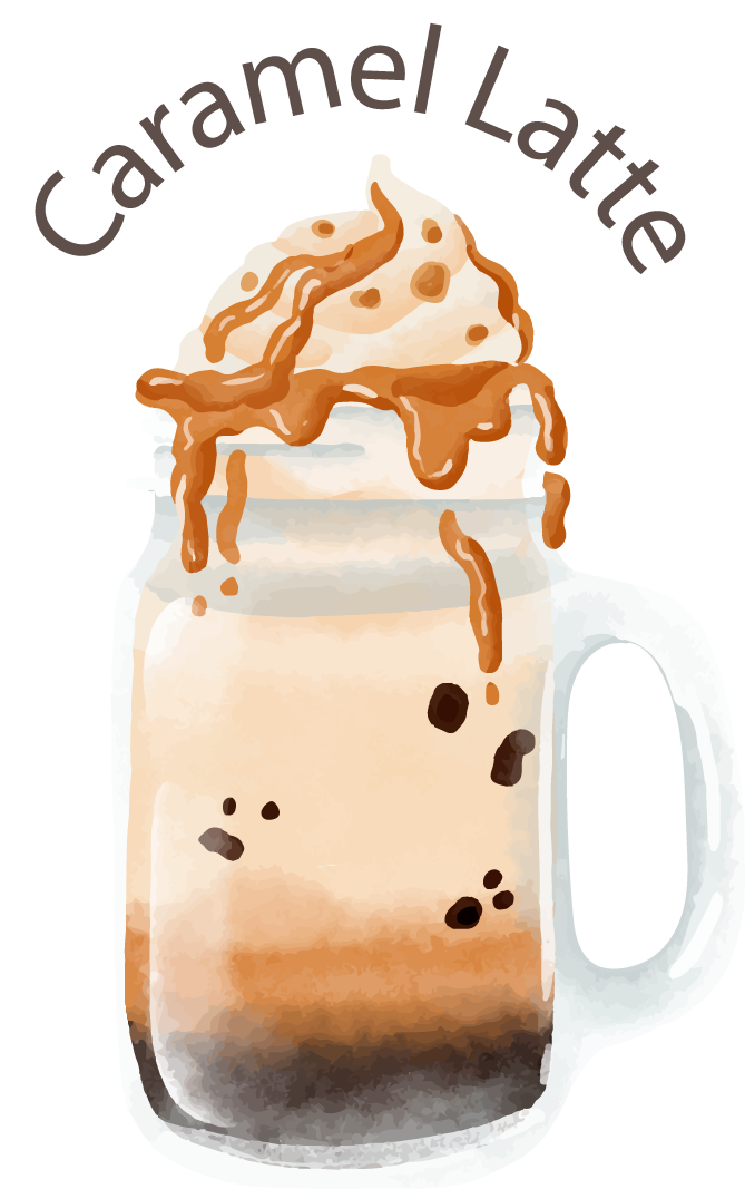 collection different types coffee: classic caramel latte with whipped cream topping