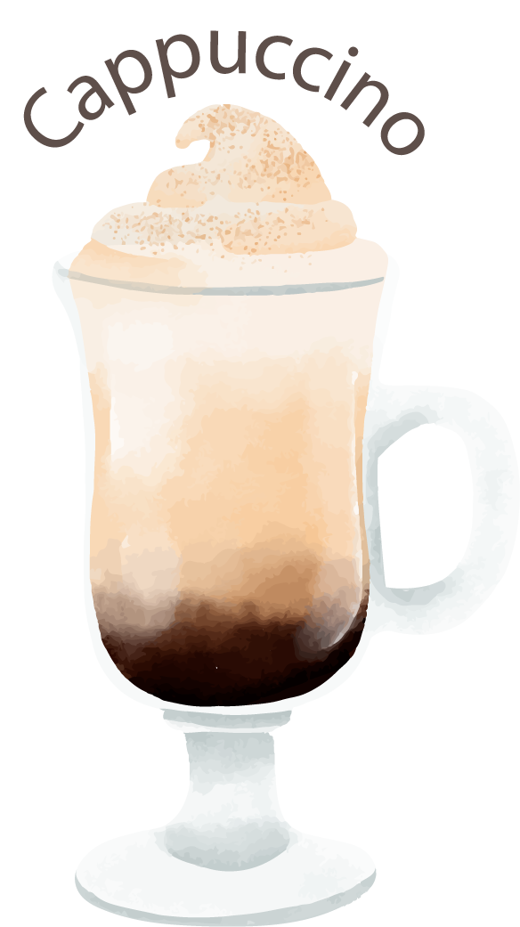 collection different types coffee: beautifully illustrated cappuccino with creamy froth
