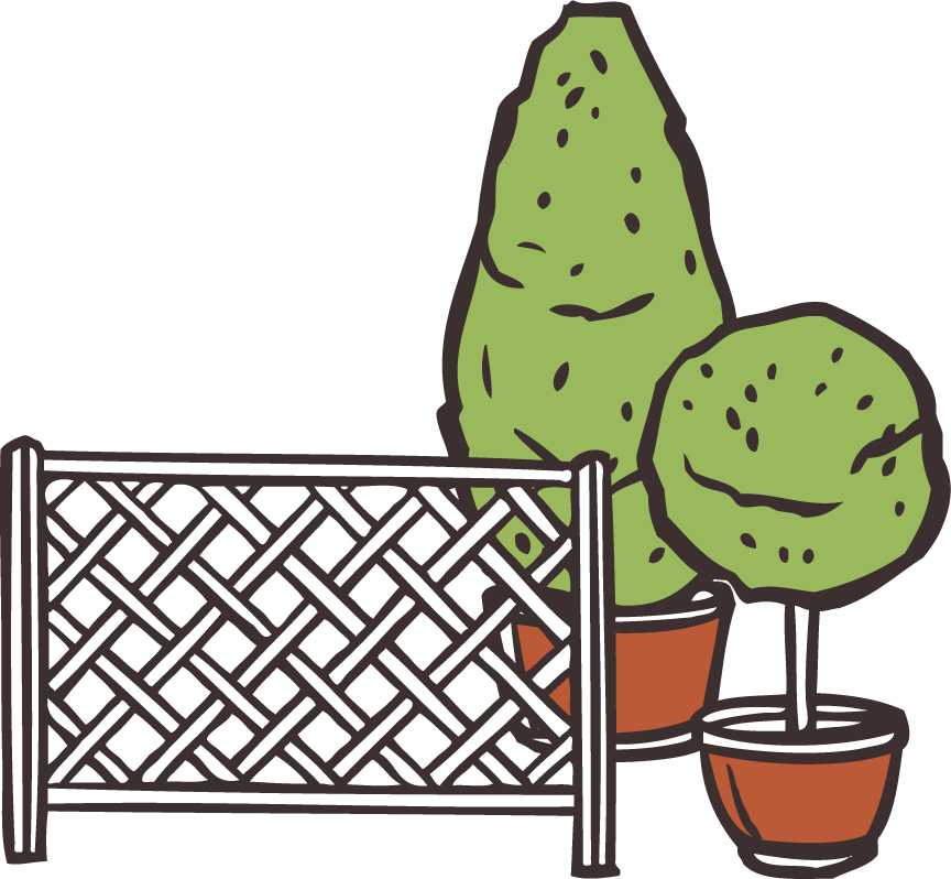 collection gardening elements tools with potted plants and decorative fence for outdoor spaces