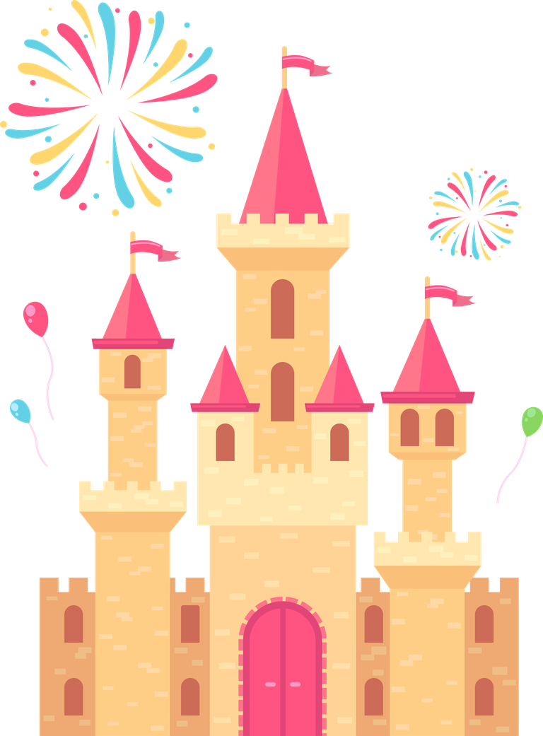 colorful amusement park flat elements featuring a festive castle with balloons and fireworks