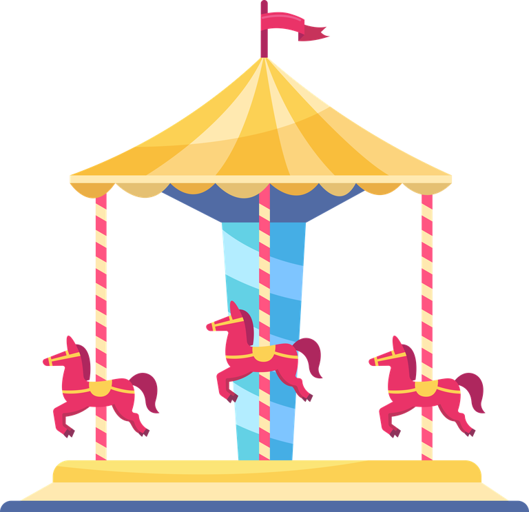 colorful amusement park flat elements featuring a whimsical carousel with playful horses