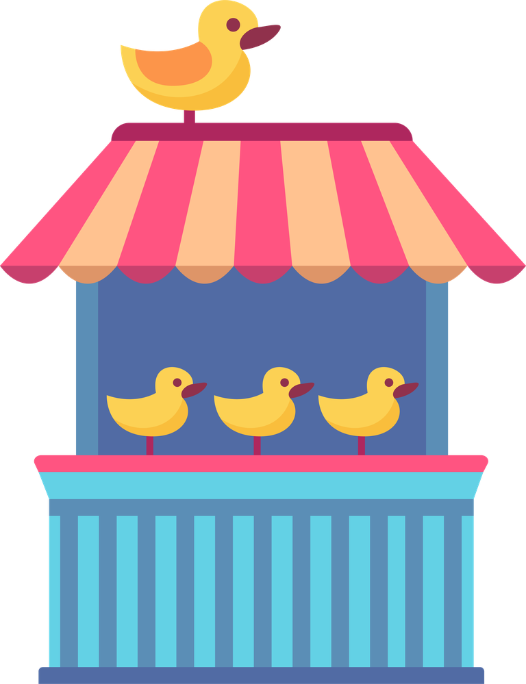 colorful amusement park flat elements featuring a fun duck pond game booth